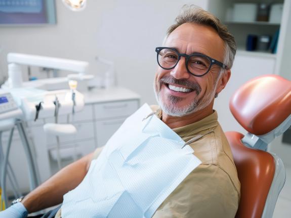 Mann mit Brille sitzt auf dem Behandlungsstuhl (KI-generiert)